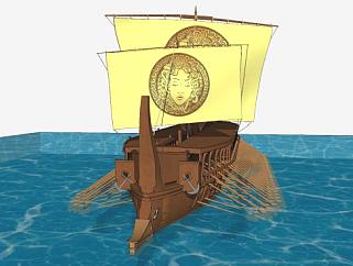 木质桨船大船SU模型下载_sketchup草图大师SKP模型