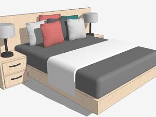 木质双人床床铺桌灯SU模型下载_sketchup草图大师SKP模型