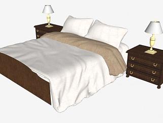 实木双人床床铺家具和床头柜SU模型下载_sketchup草图大师SKP模型