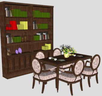 欧式实木餐桌椅和书柜书本SU模型下载_sketchup草图大师SKP模型