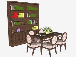 欧式实木餐桌椅和书柜书本SU模型下载_sketchup草图大师SKP模型