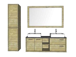 室内木质双洗手池浴室柜镜SU模型下载_sketchup草图大师SKP模型