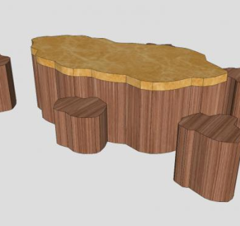 实木茶桌圆凳SU模型下载_sketchup草图大师SKP模型
