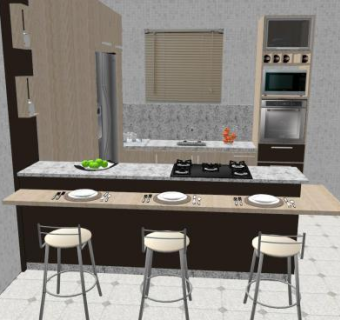 现代厨房吧台椅和橱柜冰箱SU模型下载_sketchup草图大师SKP模型