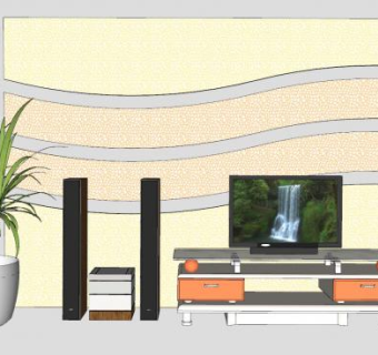 电视柜背景墙盆景音响设备SU模型下载_sketchup草图大师SKP模型