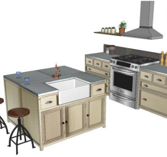 欧式橱柜吧台和时钟SU模型下载_sketchup草图大师SKP模型