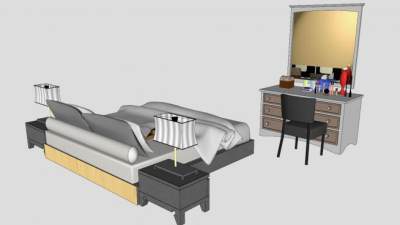 现代床铺和梳妆台SU模型下载_sketchup草图大师SKP模型
