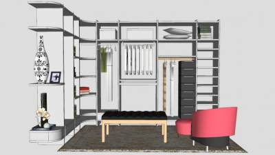 更衣间大衣柜和换鞋凳SU模型下载_sketchup草图大师SKP模型