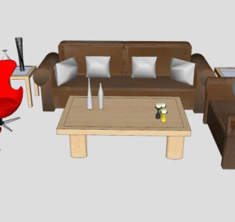 皮质沙发和木制茶几SU模型下载_sketchup草图大师SKP模型