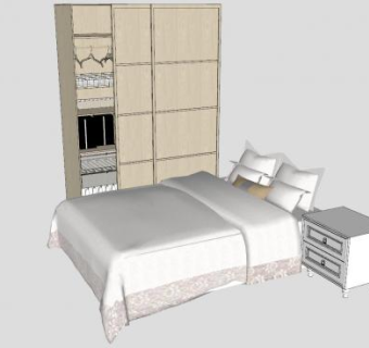 卧室双人床和木质衣柜家具SU模型下载_sketchup草图大师SKP模型