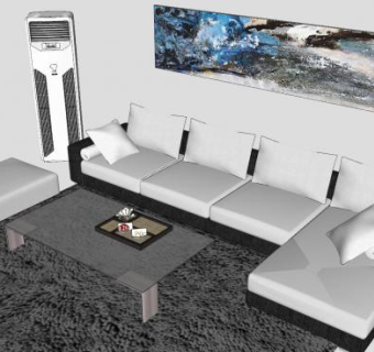 简欧沙发茶几和空调挂画SU模型下载_sketchup草图大师SKP模型