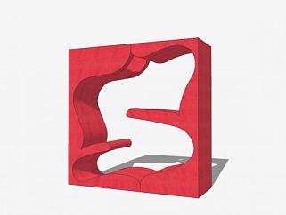 红色方块创意雕塑SU模型下载_sketchup草图大师SKP模型