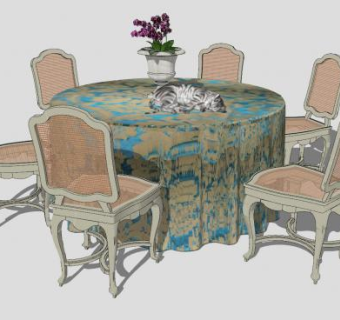 圆形欧式餐桌椅和懒猫SU模型下载_sketchup草图大师SKP模型
