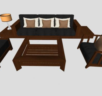 新中式木质家具茶几沙发SU模型下载_sketchup草图大师SKP模型