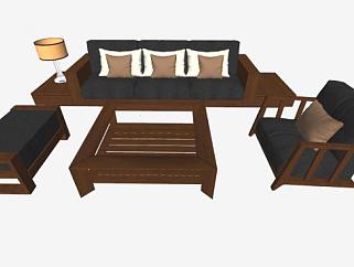 新中式木质家具茶几沙发SU模型下载_sketchup草图大师SKP模型