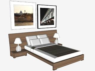 卧室木质床铺和挂画SU模型下载_sketchup草图大师SKP模型