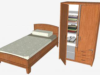 <em>木质</em>单人床和衣柜SU模型下载_sketchup草图大师SKP模型