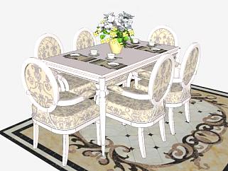欧式餐桌椅餐具和地毯SU模型下载_sketchup草图大师SKP...