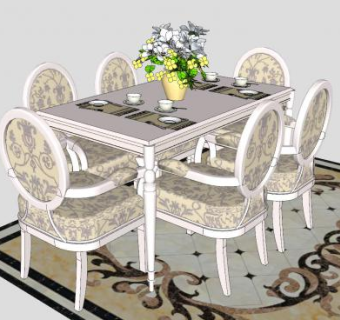 欧式餐桌椅餐具和地毯SU模型下载_sketchup草图大师SKP模型