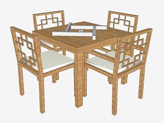 中式木质麻将桌椅SU模型下载_sketchup草图大师SKP模型
