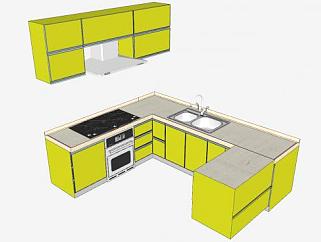 绿色L型厨房橱柜SU模型下载_sketchup草图大师SKP模型