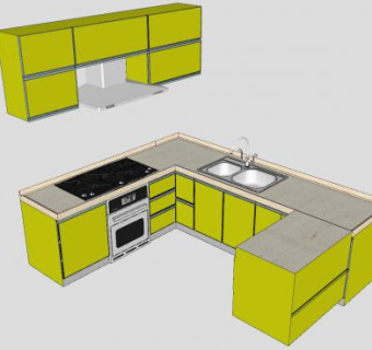 绿色L型厨房橱柜SU模型下载_sketchup草图大师SKP模型
