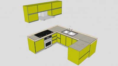 绿色L型厨房橱柜SU模型下载_sketchup草图大师SKP模型