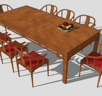 中式八人座餐茶桌椅SU模型下载_sketchup草图大师SKP模型