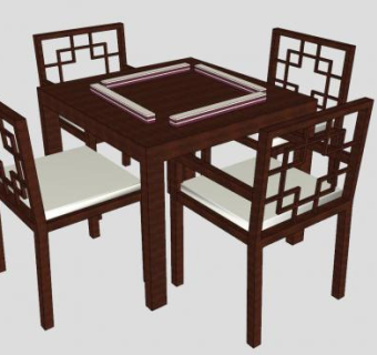 中式木制麻将桌椅SU模型下载_sketchup草图大师SKP模型