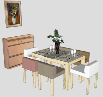 餐桌椅边桌和挂画SU模型下载_sketchup草图大师SKP模型