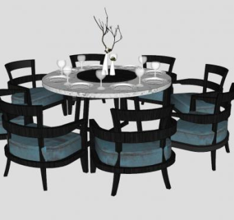 8人座圆形餐桌椅家具SU模型下载_sketchup草图大师SKP模型