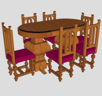 木质椭圆形餐桌椅家具SU模型下载_sketchup草图大师SKP模型