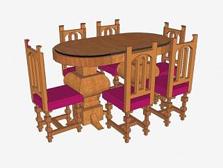 木质椭圆形餐桌椅家具SU模型下载_sketchup草图大师SKP模型