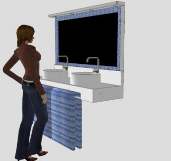 牛仔裤美女人物和镜子双洗手池毛巾SU模型下载_sketchup草图大师SKP模型