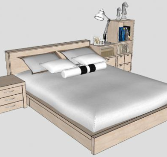 木质双人床书柜床头柜SU模型下载_sketchup草图大师SKP模型