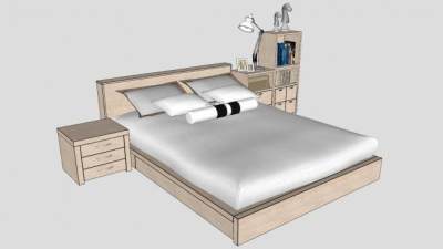 木质双人床书柜床头柜SU模型下载_sketchup草图大师SKP模型