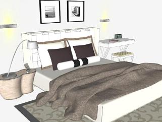 双人床铺和创意床头柜SU模型下载_sketchup草图大师SKP模型