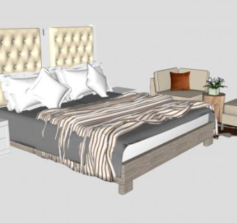 欧式床铺床头柜组合带沙发椅SU模型下载_sketchup草图大师SKP模型