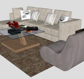 布艺L型沙发和茶几边几SU模型下载_sketchup草图大师SKP模型