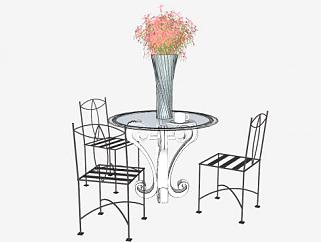 休息阳台桌椅和花瓶SU模型下载_sketchup草图大师SKP模型