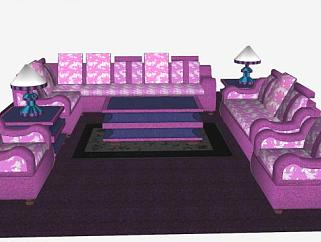 紫粉色沙发茶几家具SU模型下载_sketchup草图大师SKP模型