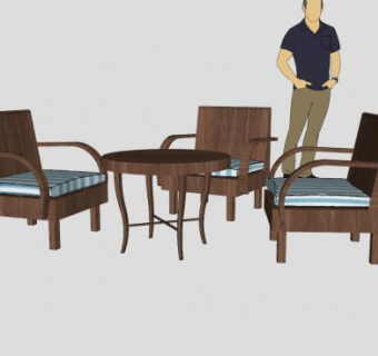 木质圆桌子和扶手沙发椅SU模型下载_sketchup草图大师SKP模型