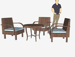 木质圆桌子和扶手沙发椅SU模型下载_sketchup草图大师SKP模型