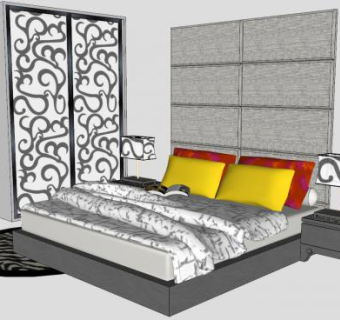 欧简现代床铺衣柜SU模型下载_sketchup草图大师SKP模型