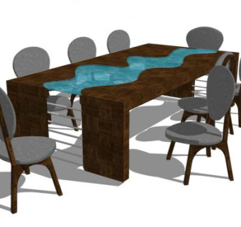 8人座餐桌椅家具SKP模型下载_sketchup草图大师SKP模型