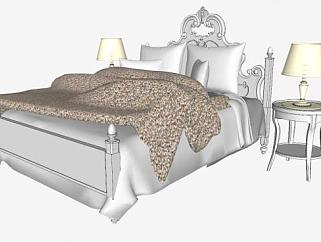 欧式床铺双人床和床头柜SU模型下载_sketchup草图大师SKP模型