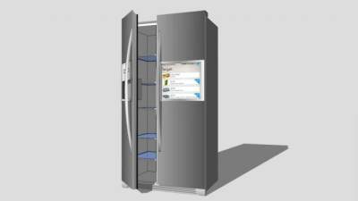 打开的灰色对开门冰箱SU模型下载_sketchup草图大师SKP模型