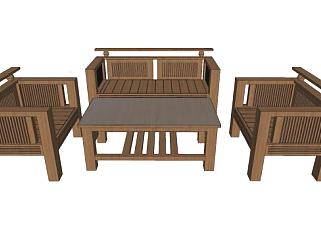 新中式木质沙发茶几家具SU模型下载_sketchup草图大师SKP模型