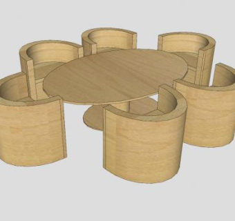 木质现代椭圆形桌椅SU模型下载_sketchup草图大师SKP模型