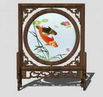 中式实木锦鲤座屏SU模型下载_sketchup草图大师SKP模型